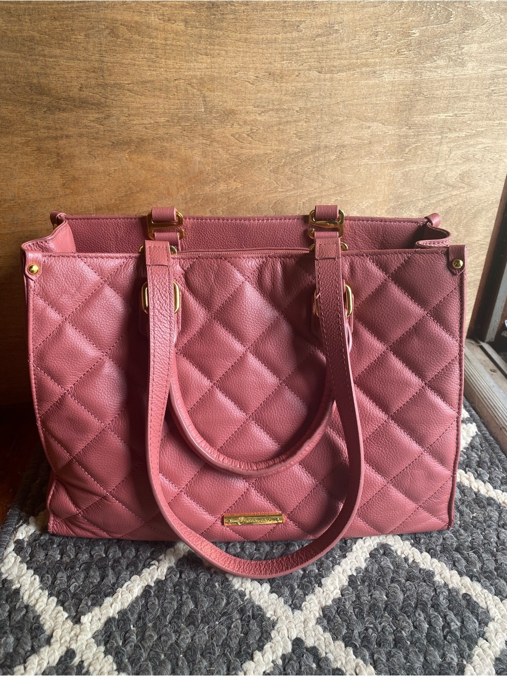 Quilted Pink Tote Bag with Gold Hardware
